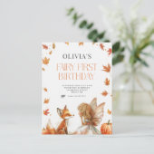秋の妖精の1歳誕生日招待状 キツネ付き ポストカード (スタンド正面)