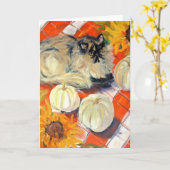 秋の子猫の挨拶状 カード (黄色い花)