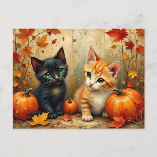 秋の子猫、カボチャと紅葉 シーズンポストカード (正面)