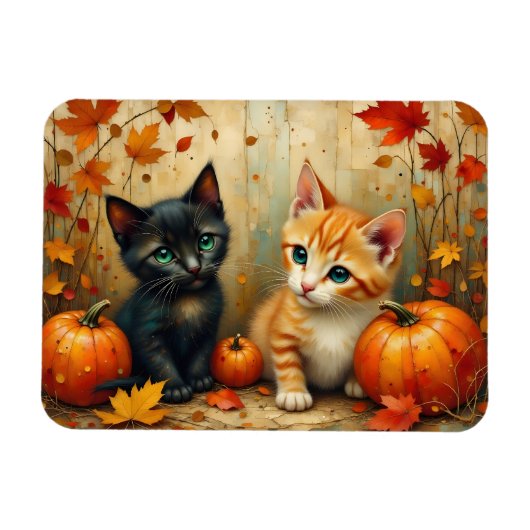 秋の子猫、カボチャ、紅葉 マグネット (横)