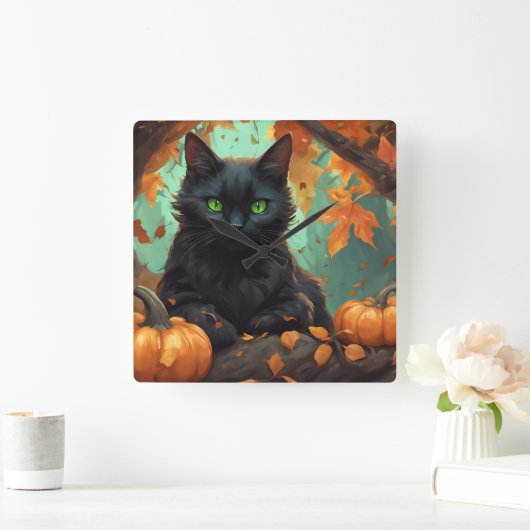 秋の子猫 スクエア壁時計 (ホーム)