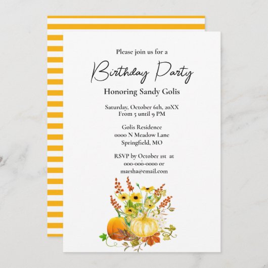 秋の季節のパンプキン誕生日パーティー招待状 招待状 (正面/裏面)
