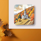 秋の季節の丘の上の教会 スクエアシール