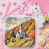 秋の季節の丘の上の教会 ペーパープレート (パーティー)