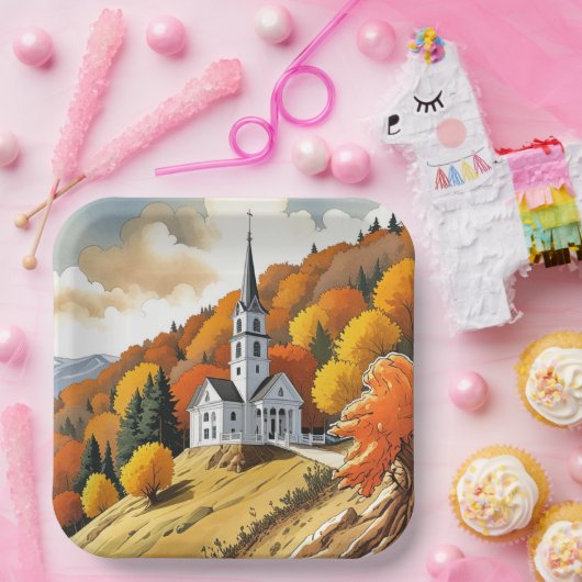 秋の季節の丘の上の教会 ペーパープレート (パーティー)