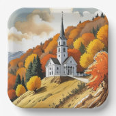 秋の季節の丘の上の教会 ペーパープレート (正面)