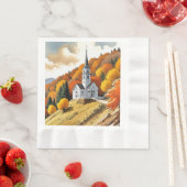 秋の季節の丘の上の教会 縁ありランチョンナプキン (インサイチュ)