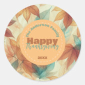 秋の季節の葉 感謝祭 家族 名前 年 ラウンドシール (正面)