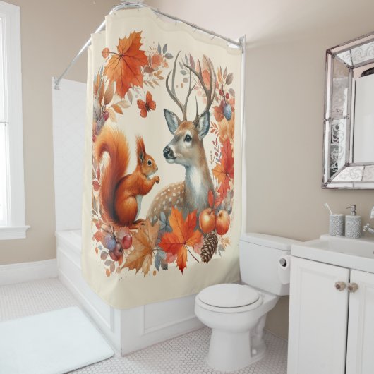 秋の季節の野生動物とオレンジ色の葉 シャワーカーテン (インサイチュ)