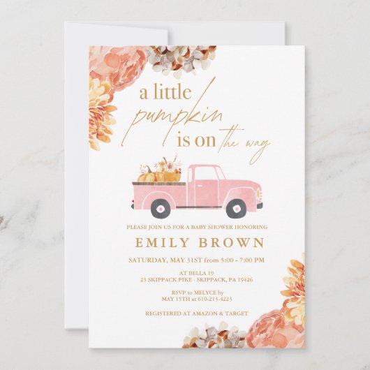 秋の小さなかぼちゃの女の子 ベビーシャワー招待状 招待状 (正面)