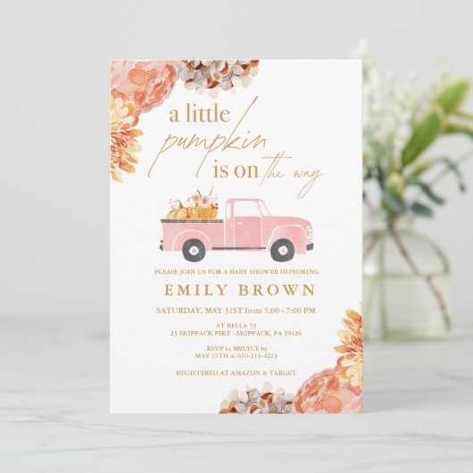 秋の小さなかぼちゃの女の子 ベビーシャワー招待状 招待状 (スタンド正面)