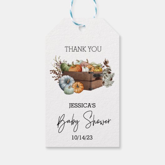 秋の小さなかぼちゃの水の色ベビーシャワー ギフトタグ (裏面)