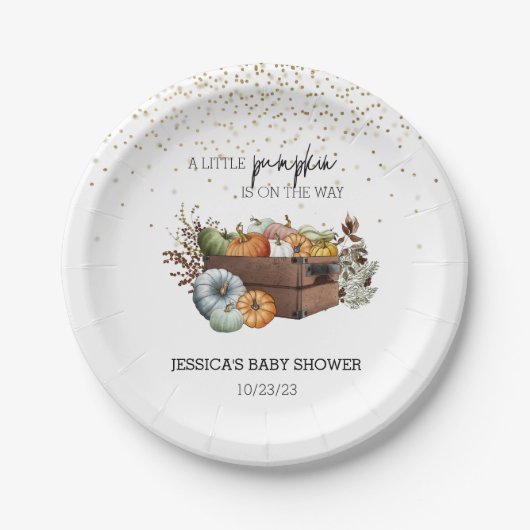秋の小さなかぼちゃの水の色ベビーシャワー ペーパープレート (正面)