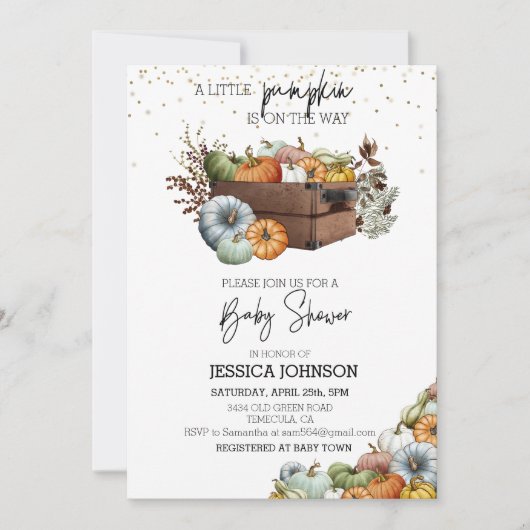 秋の小さなかぼちゃの水の色ベビーシャワー 招待状 (正面)