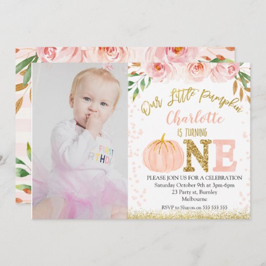 秋の小さなかぼちゃの誕生日招待状 招待状 (正面/裏面)