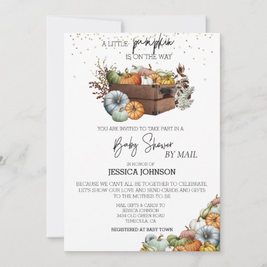 秋の小さなかぼちゃの赤ちゃんシャワー郵便 招待状 (正面)