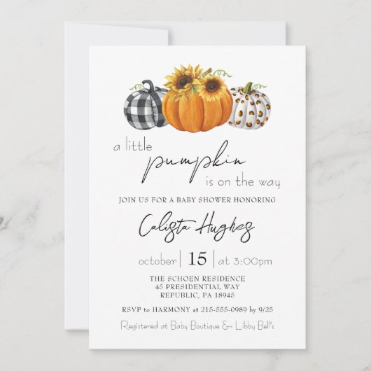 秋の小さなかぼちゃひまわり素朴赤ちゃんシャワー 招待状 (正面)
