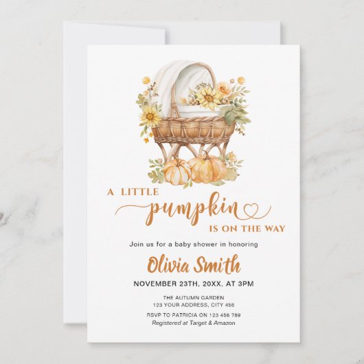 秋の小さなかぼちゃニュートラル赤ちゃんシャワー 招待状 (正面)