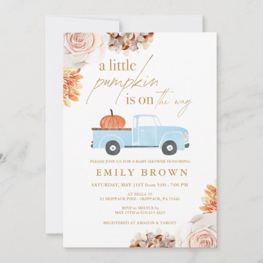 秋の小さなカボチャの男の子ベビーシャワー招待状 招待状 (正面)