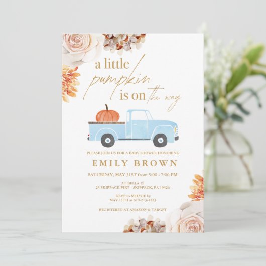 秋の小さなカボチャの男の子ベビーシャワー招待状 招待状 (スタンド正面)