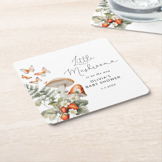 秋の小さなキノコのベビーシャワー スクエアペーパーコースター (アングル)