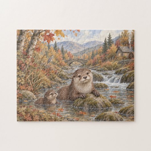 秋の小川のカワウソ ジグソーパズル (横)