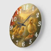 秋の小川の陽気なアヒルの家族 ラージ壁時計 (傾斜)