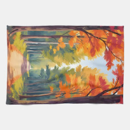 秋の小道 紅葉 水彩風景画 キッチンタオル