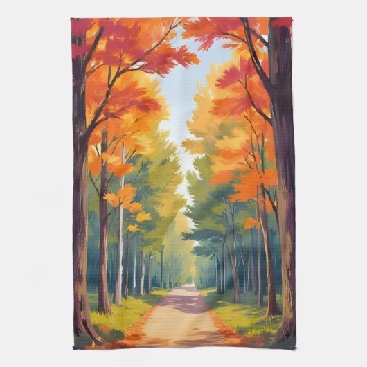 秋の小道 紅葉 水彩風景画 キッチンタオル (縦)