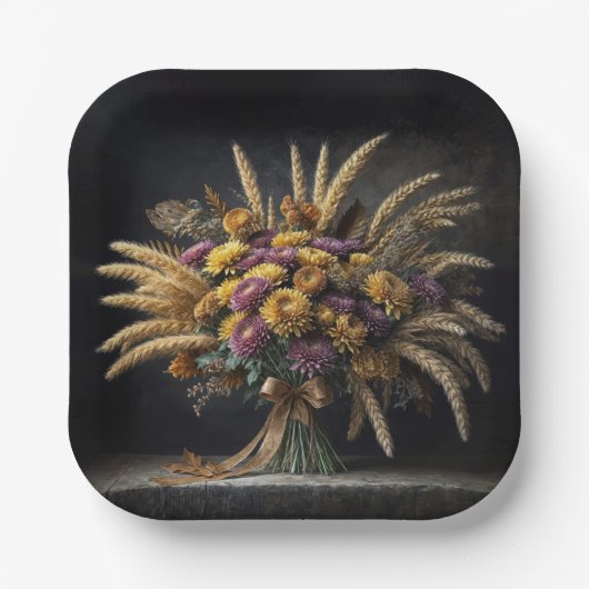 秋の小麦の茎とムームの花束 ペーパープレート (正面)