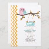 秋の少年 赤ちゃん歓迎会 ママとベイビー フクロウ 招待状 (正面/裏面)