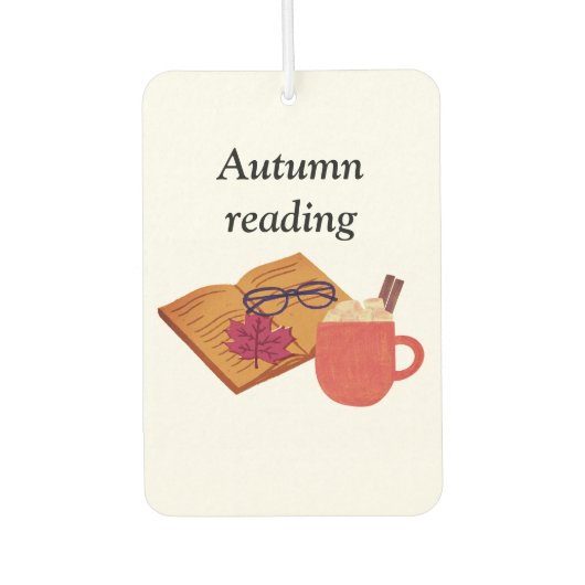 秋の居心地の良い雰囲気 – ホットココア、本&紅葉 カーエアーフレッシュナー (正面)