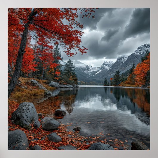 🍁 秋の山と湖の映り込み ナチュラルデコレーション 🍁 ポスター (正面)