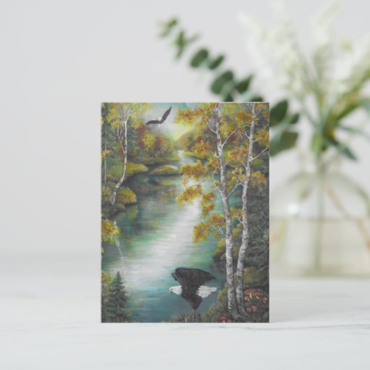 秋の山の湖の油絵でイーグルス ポストカード (スタンド正面)