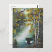 秋の山の湖の油絵でイーグルス ポストカード (正面/裏面)