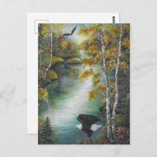 秋の山の湖の油絵でイーグルス ポストカード (正面/裏面)