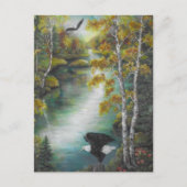 秋の山の湖の油絵でイーグルス ポストカード (正面)