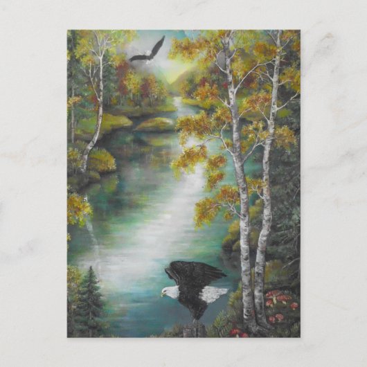 秋の山の湖の油絵でイーグルス ポストカード (正面)