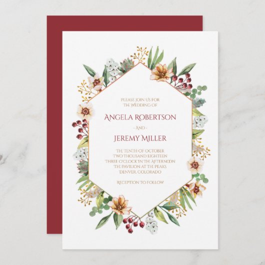 秋の山水色結婚の赤 招待状 (正面/裏面)