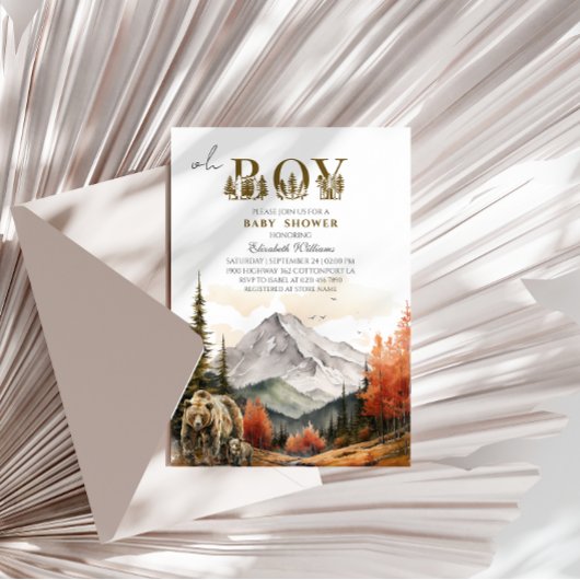秋の山素朴熊アドベンチャーベビーシャワー 招待状