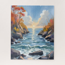 秋の川の陽光の紅葉の風景 水彩画 ジグソーパズル