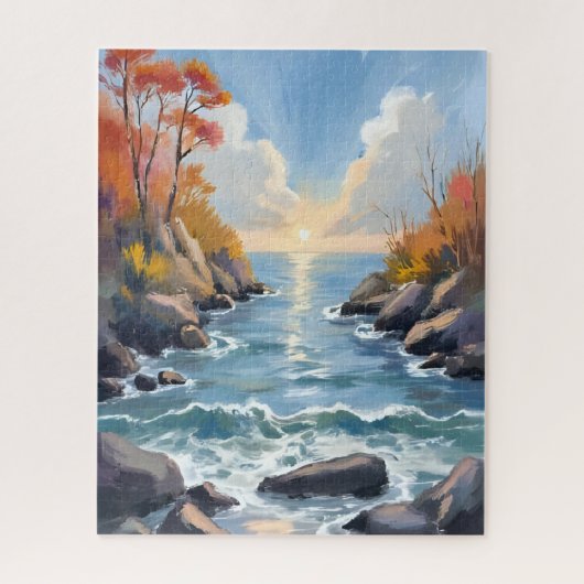 秋の川の陽光の紅葉の風景 水彩画 ジグソーパズル (縦)