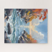 秋の川の陽光の紅葉の風景 水彩画 ジグソーパズル (横)