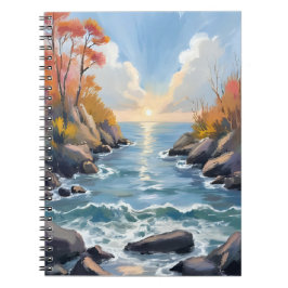 秋の川の陽光の紅葉の風景 水彩画 ノートブック