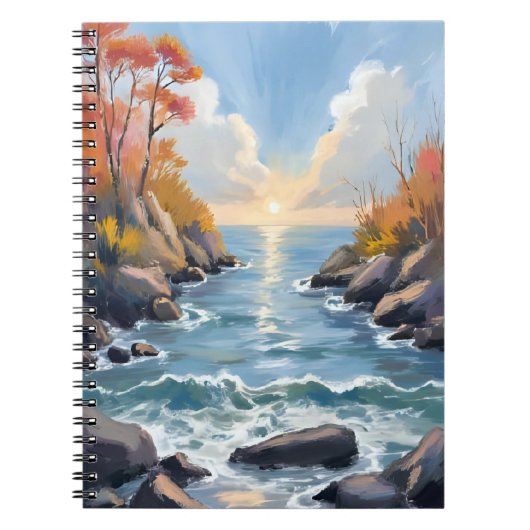 秋の川の陽光の紅葉の風景 水彩画 ノートブック (正面)