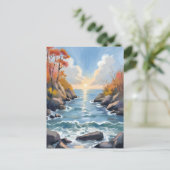 秋の川の陽光の紅葉の風景 水彩画 ポストカード (スタンド正面)