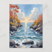 秋の川の陽光の紅葉の風景 水彩画 ポストカード (正面)