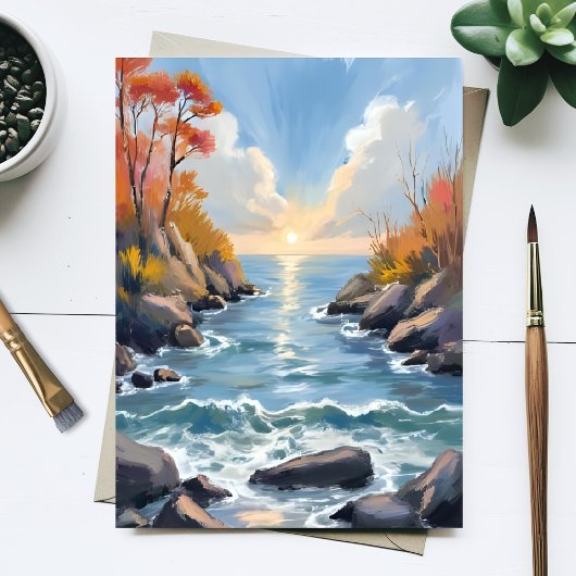 秋の川の陽光の紅葉の風景 水彩画 ポストカード