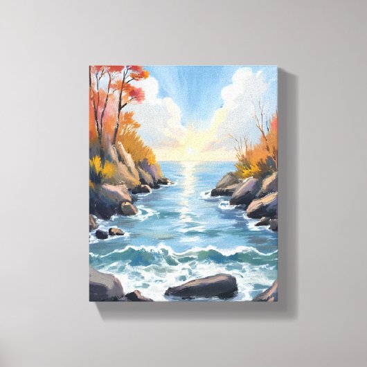 秋の川の陽光 紅葉の風景 水彩画 キャンバスプリント (正面)
