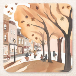 秋の市立公園｜紅葉の水彩画 スクエアペーパーコースター